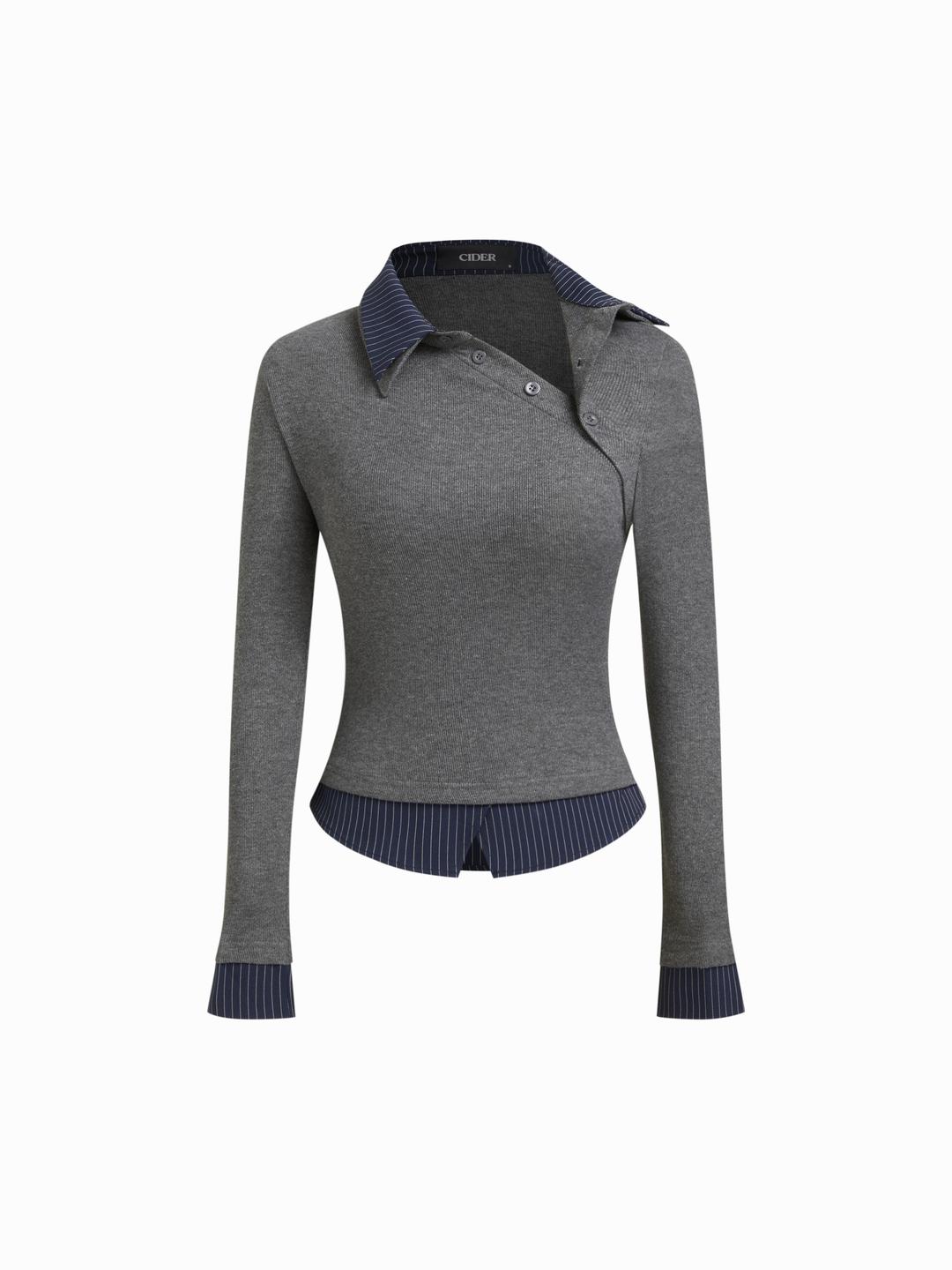 Collar Long Sleeve Two tone Striped Trim Asymmetrical Top