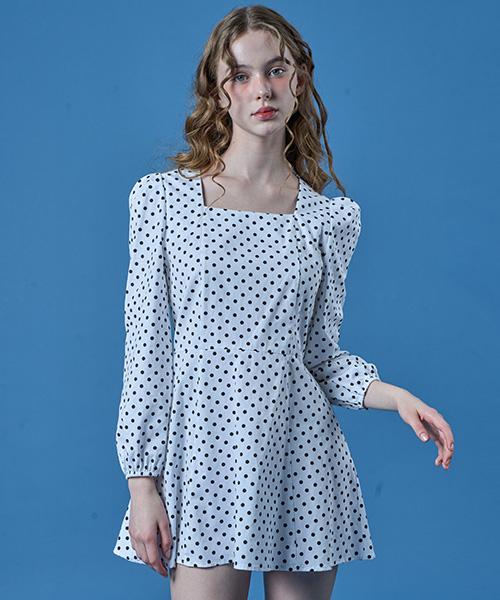 벌룬 퍼프 도트 스퀘어넥  미니원피스 [WHITE]