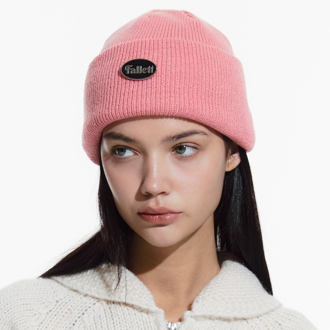 뱃지 니트 비니 핑크