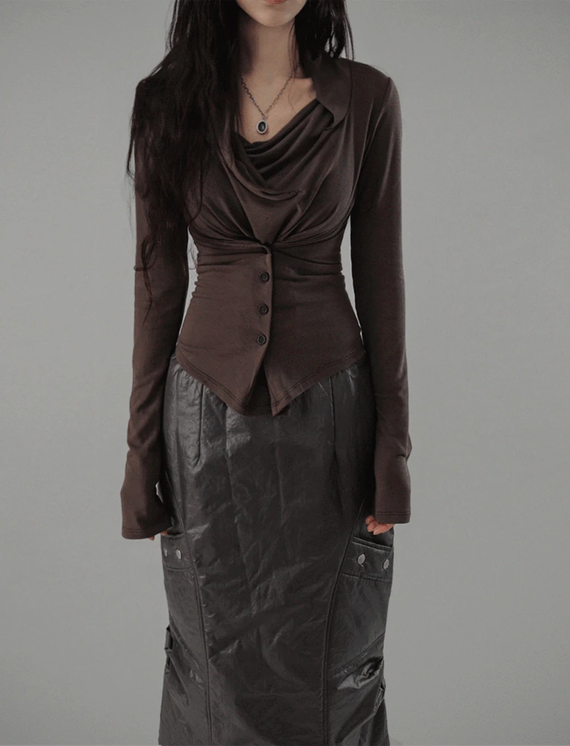CORSET OPEN NECK LOOSE BUTTON UNBAL TEE 코르셋 오픈 넥루즈 드레이프 버튼 언발티 (3COLORS)