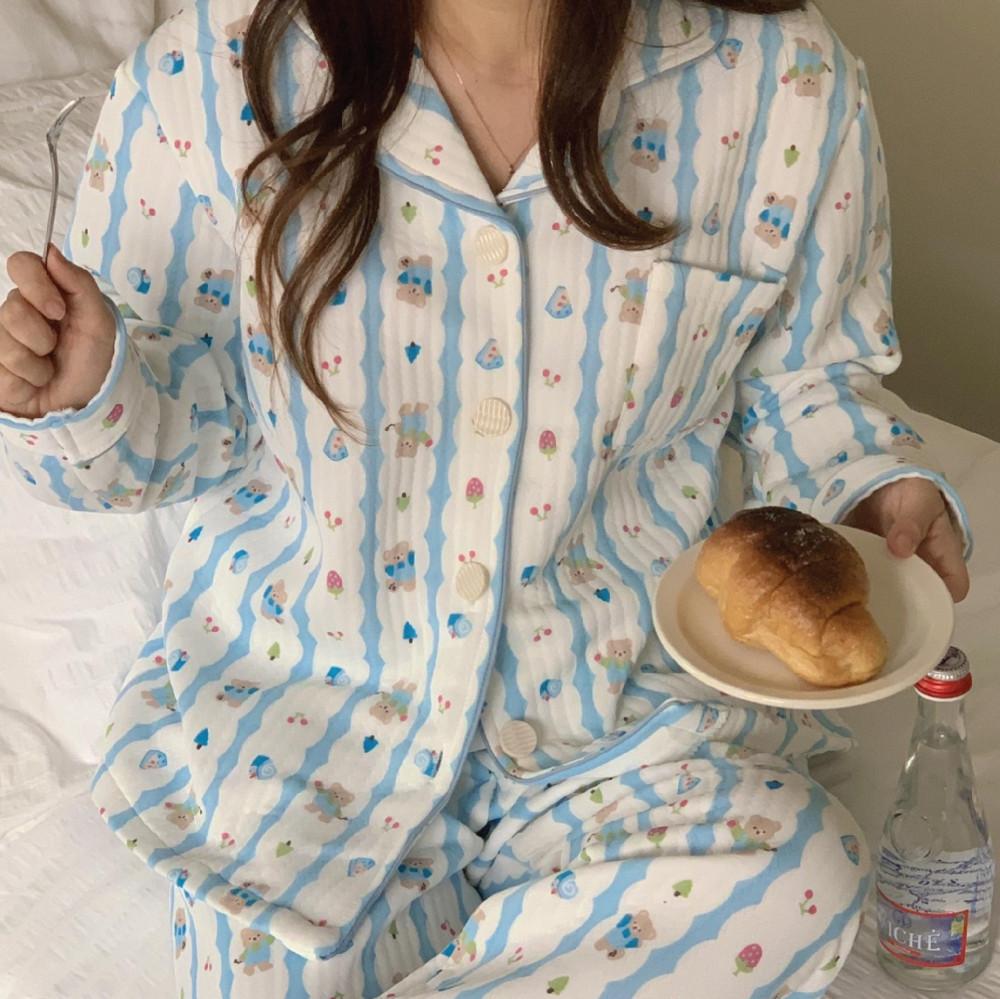 스카이 베어 곰돌이 누빔 잠옷 파자마 세트 하늘 귀여운 따뜻한 겨울