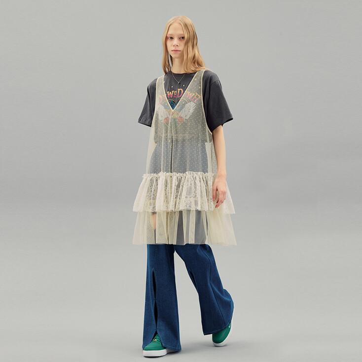 도트 레이스 미니드레스_베이지