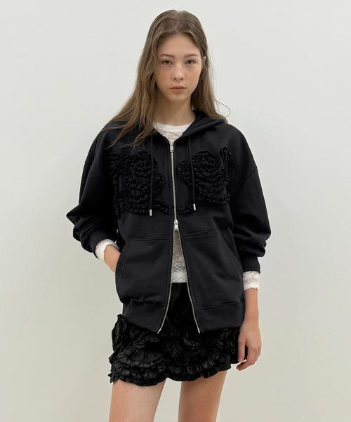 Rose Frill Oversized-Fit Hooded Zip-Up (Black)