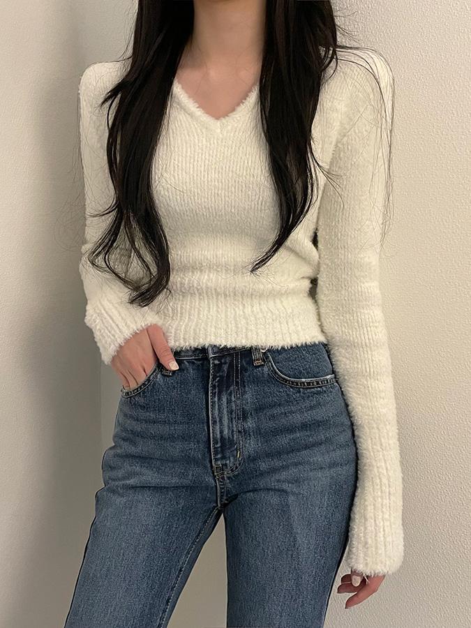 llang v-neck fur knit