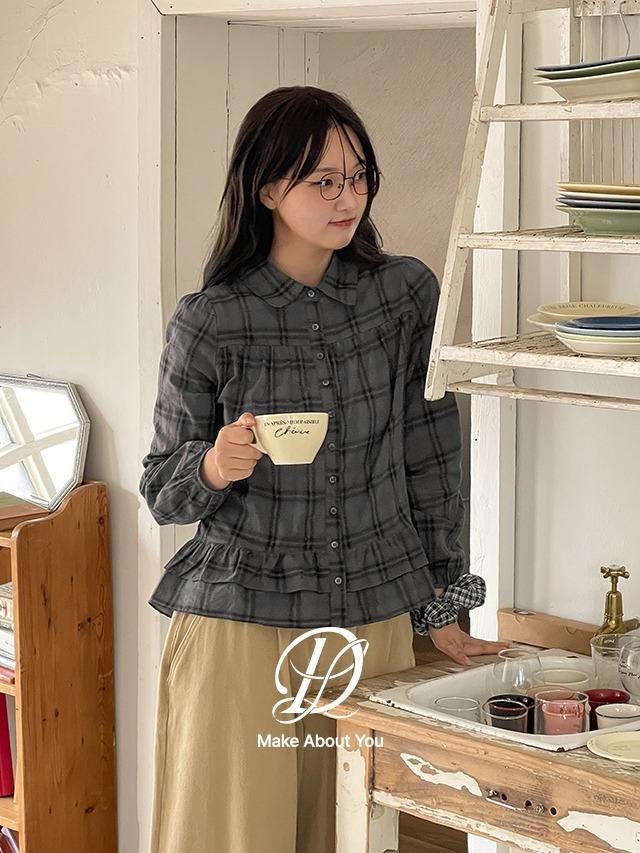 당당걸 [MADE] 빅사이즈 44-110 빈쵸 셔링 캉캉 프릴 퍼프 라운드 카라 체크 코튼 긴팔 셔츠 블라우스