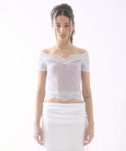 Off Shoulder Sheer Top Pale Blue/Red