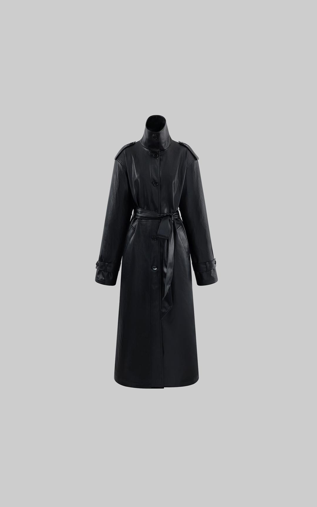 ROVENTE High-Neck Leather Long Coat