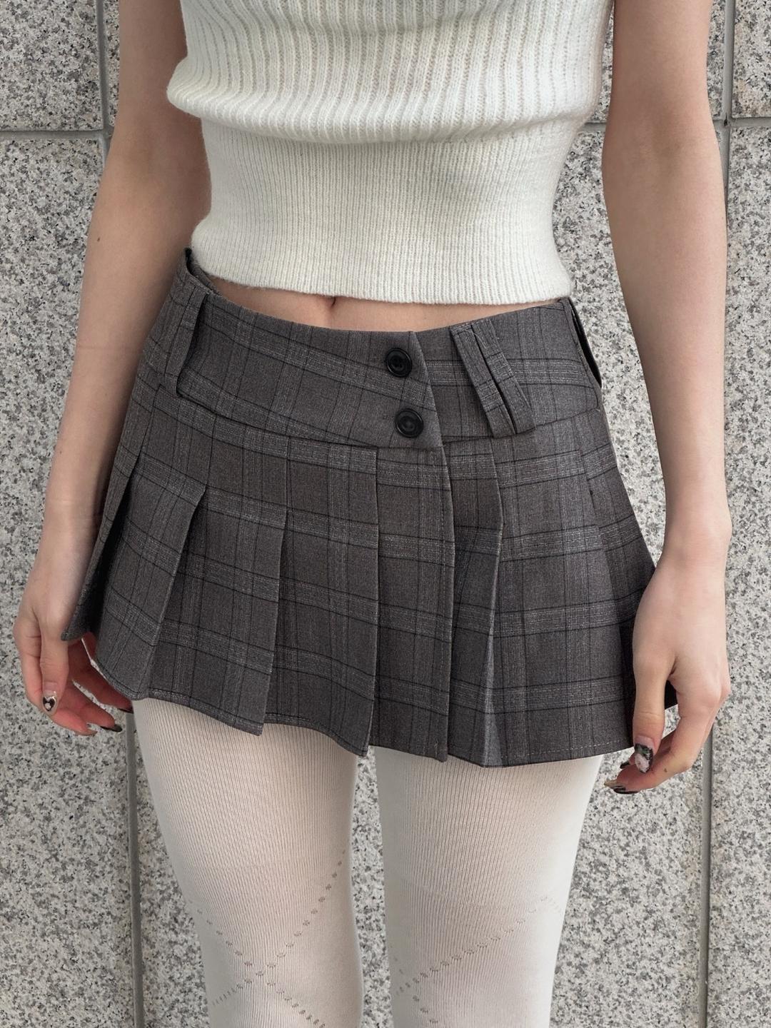 Checked Pleats Double Button Mini Skirt (속바지 내장)