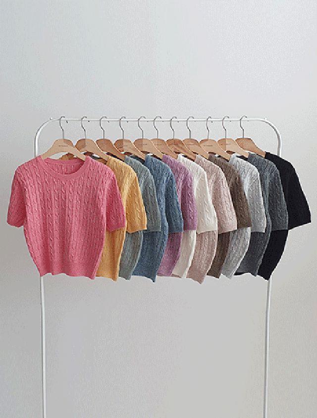 달달색감 램스울 크롭 꽈배기 반팔니트 국내제작