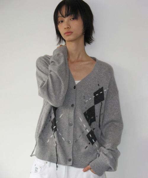 Argyle Stitch Knit Cardigan - Gray