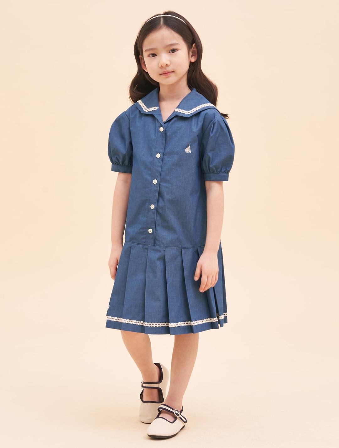 세일러 데님라이크 원피스 - 스카이 블루
