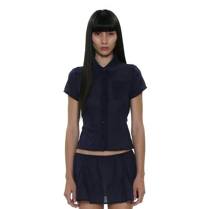 PWC COTTON LACE TRIM HALF SLEEVE SHIRT_NAVY