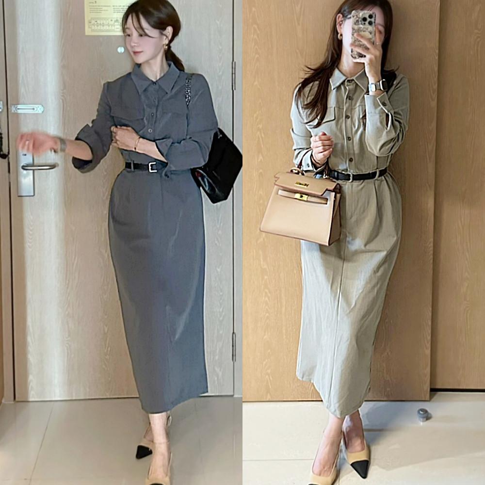 벨트SET 카라 뒷밴딩 셔츠 포켓 일자 트임 롱원피스