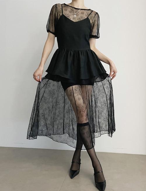 플라워 시스루 레이어드 롱원피스 [2color]