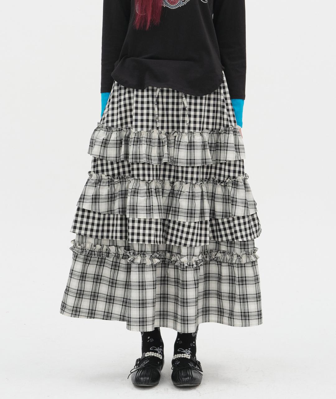 Voluminous Check Tier Skirt [Black]