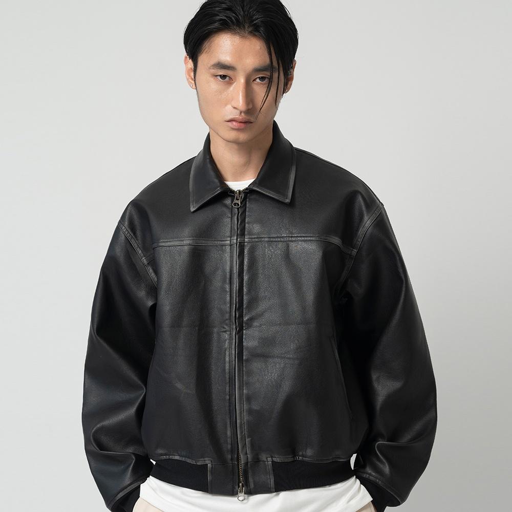 빈티지 레더 크롭 블루종 블랙