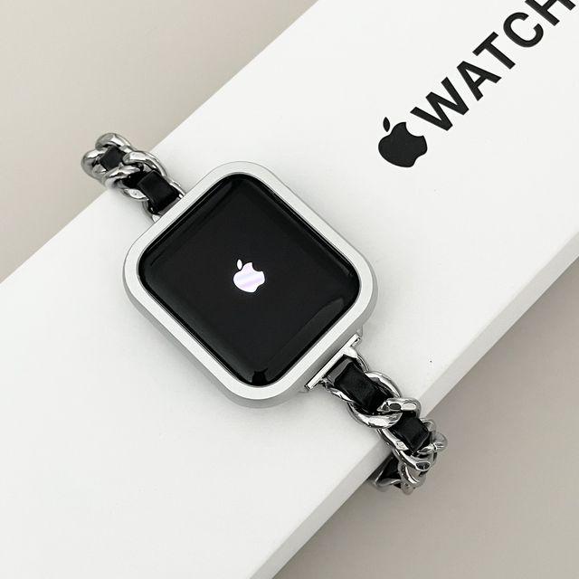 [필름증정] 애플워치 원 레더 체인 더블  메탈 스트랩 밀레니즈 시계줄 밴드 실리콘