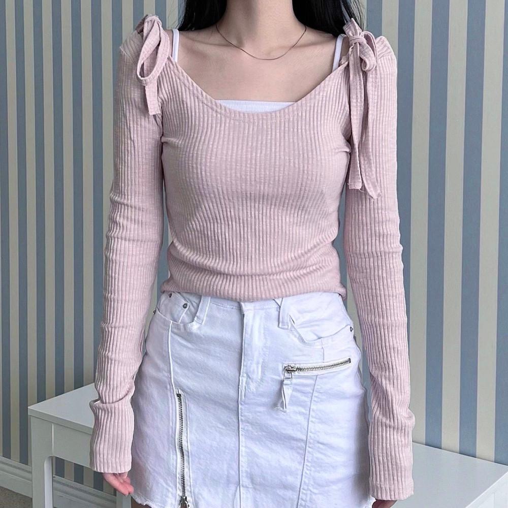 리본 숄더 유넥 연핑크 베이지 블랙 긴팔 티