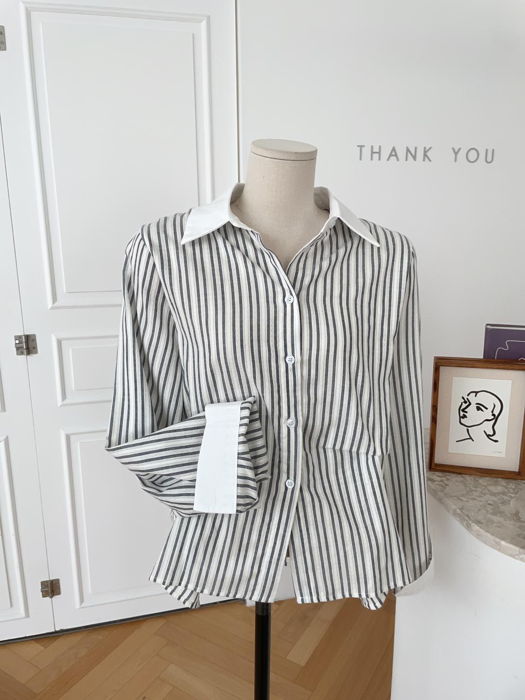 [무배]카루소 세로줄 스트라이프 배색 주름 셔츠 남방(3color)I-414