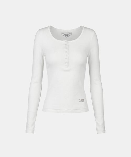 BS Cotton Jersey Fitted Henley Neck Long Sleeve T-Shirt - White