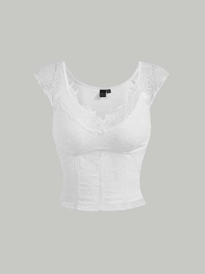 SHEIN MOD 솔리드 레이스 테두리 티