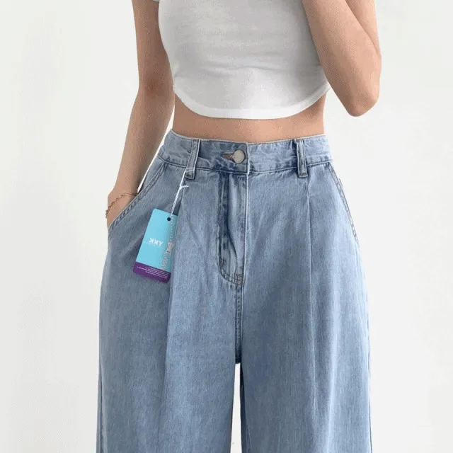 ~2XL[기장선택/"핏대박",얇아요]쿨링 핀턱 밴딩 워싱 여름 청바지 롱와이드 데님팬츠