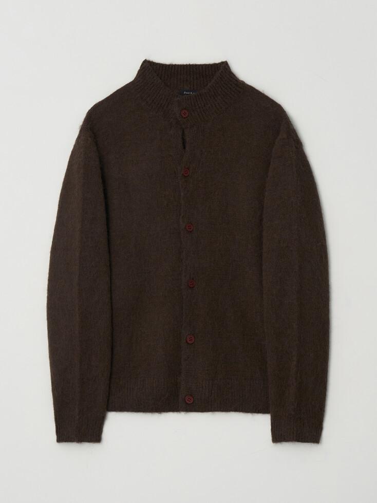 JN332 HAIRY TEXTURE HIGH-NECK CARDIGAN - BROWN