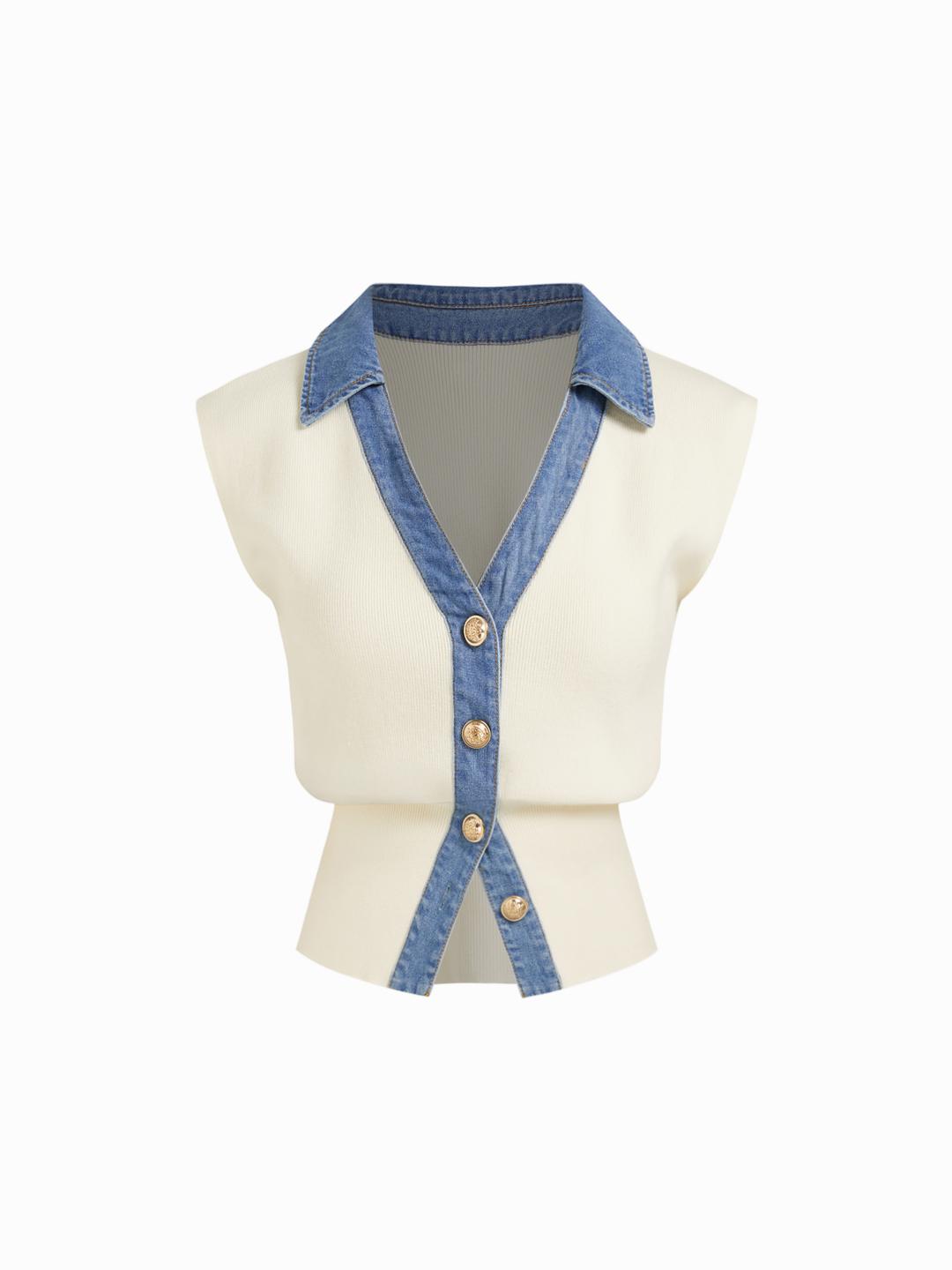 Knit V-Neck Metal Button Denim Contrasting Binding Vest
