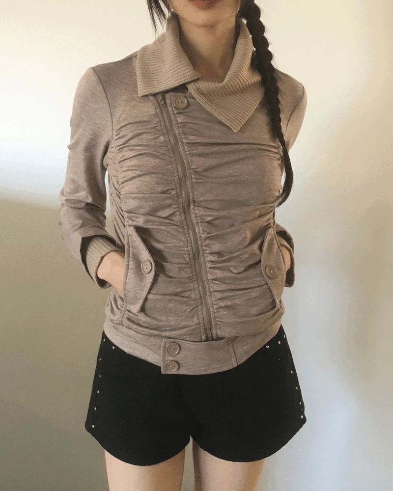 [봄.간절기🌸] 토킨 골지 하이넥 셔링 사선 지퍼 집업