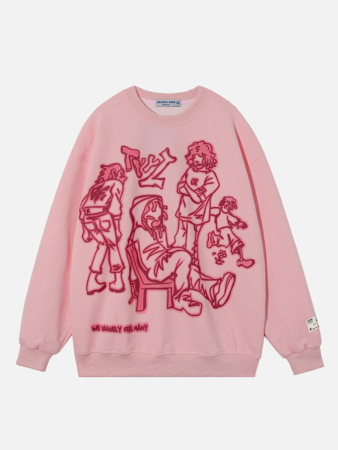 Aelfric Eden Cartoon Line Character Print Hoodie - Pink / XL / Sweatshirt