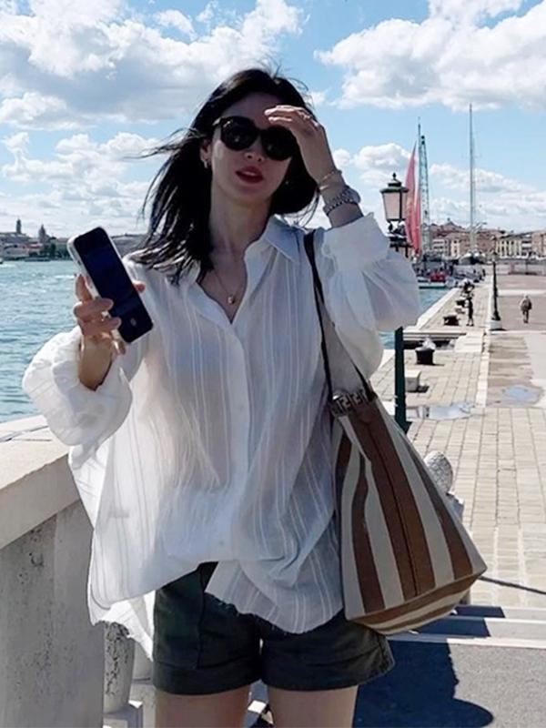 시스루 스트립 오버핏 셔츠