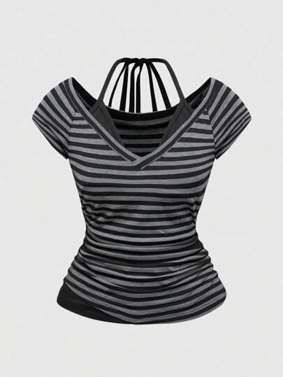 ROMWE Grunge Punk Women's Sexy Y2K 2 In 1 V-Neck Striped Contrast Color Halter Tie Bow T-Shirt