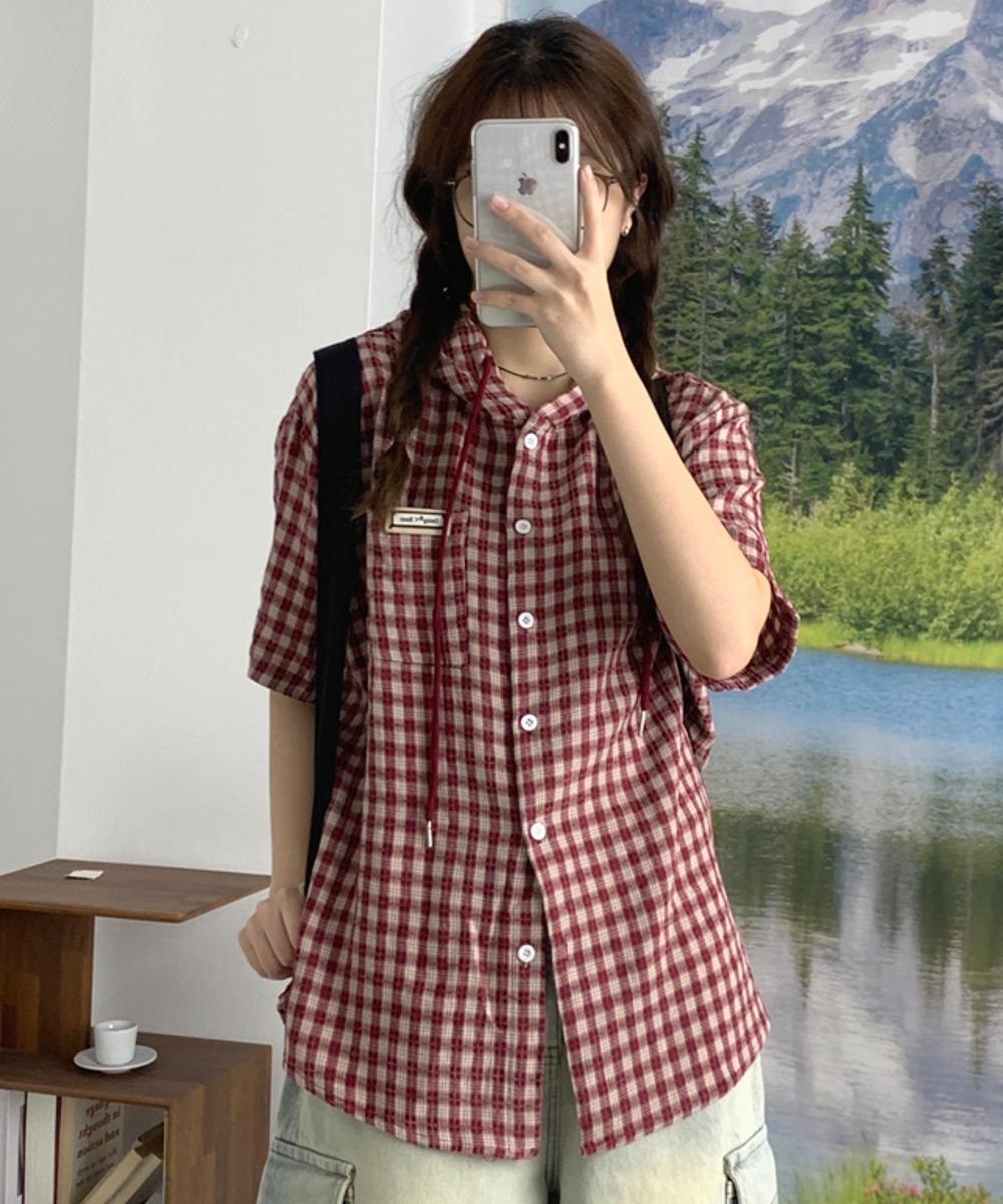 러브앤드팝 뉴트리 체크 반팔 후드셔츠