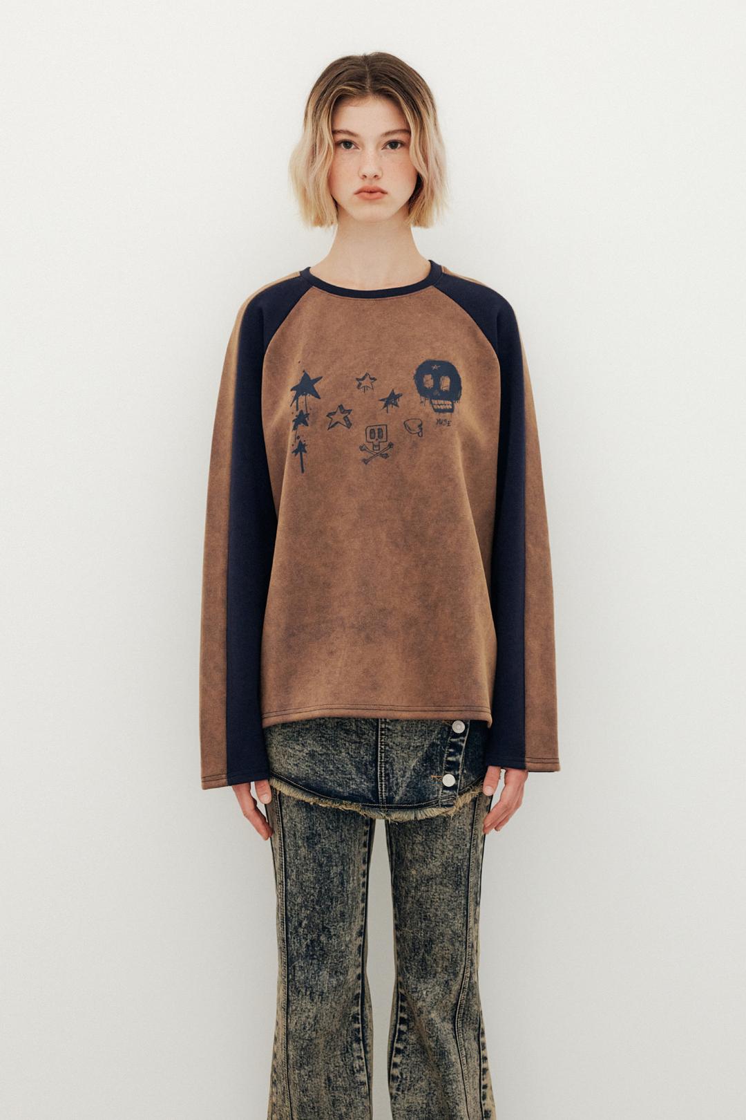 COLOR BLOCK WASHING GRAPHIC RAGLAN TOP - RUST PURPLE