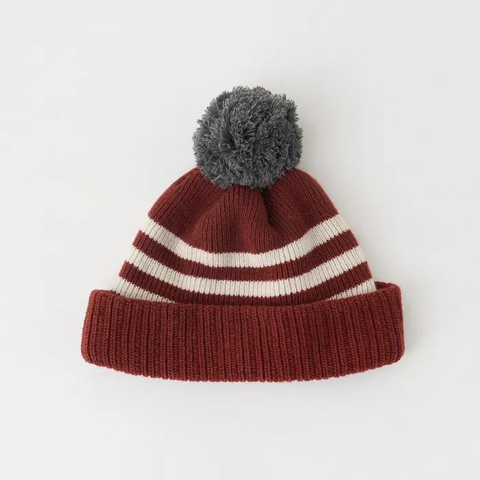 Pompom Knit Beanie (Burgundy Stripe)