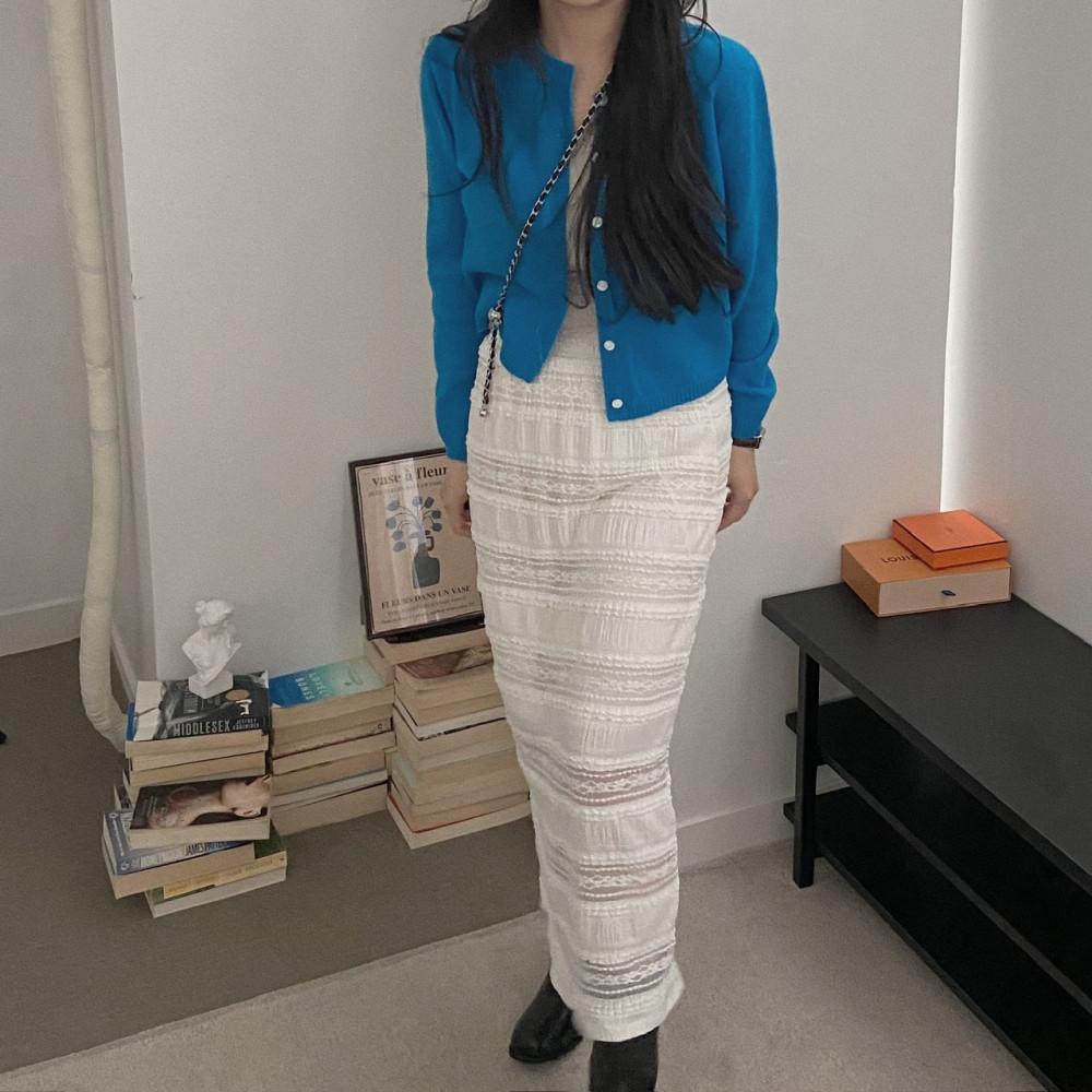 레이스 자수 밴딩 트임 롱 스커트