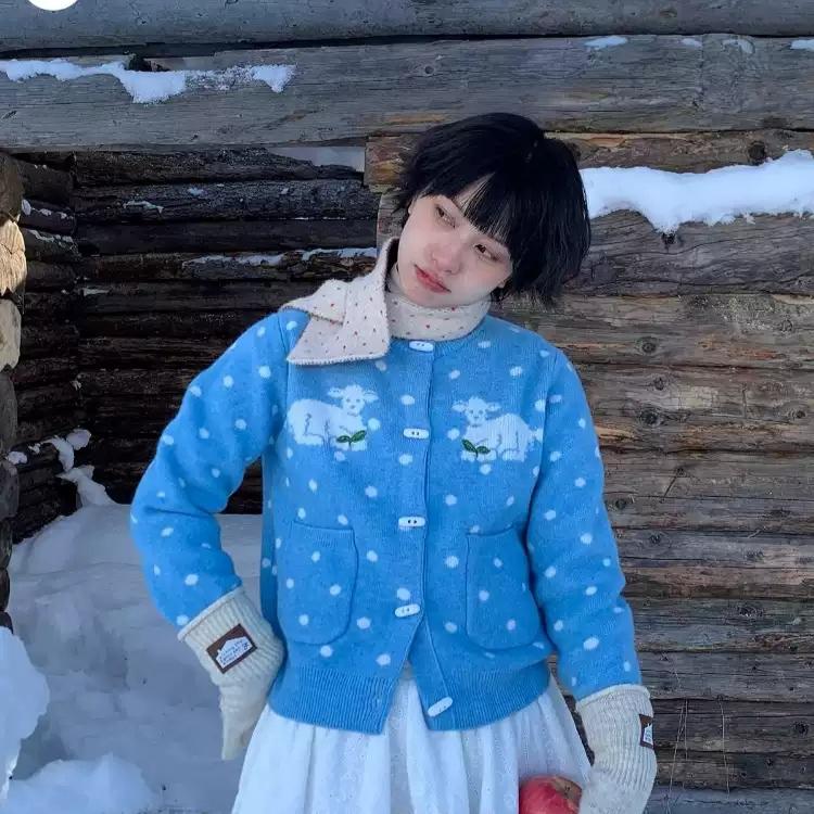 MeihaoStore 니트 가디건 블루 도트 아기양 라운드넥 버튼 카디건