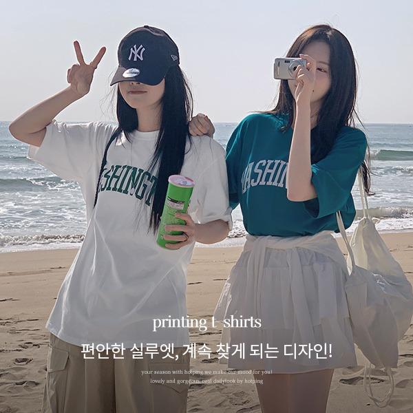 [5컬러][스트릿룩] 디어린 배색프린팅 루즈핏 반팔티셔츠(44~88) (루즈핏-박스핏-레터링프린팅-라운드넥-프린팅나염-나염반팔티-체형커버-군살보정)