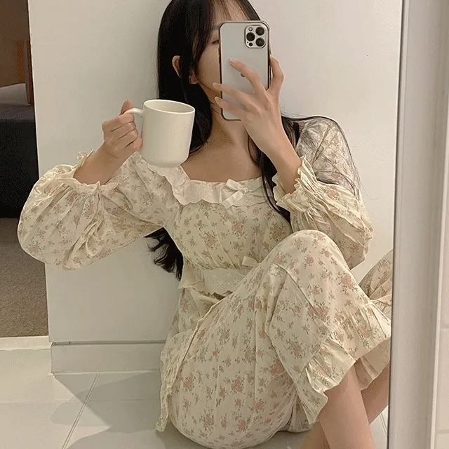 [캡내장] 순면 플라워 스퀘어넥 긴팔 긴바지 잠옷 파자마 세트
