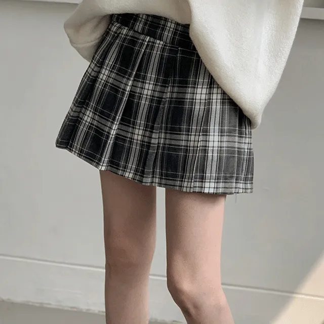 플리츠 체크 안감 뒷밴딩 미니 스커트