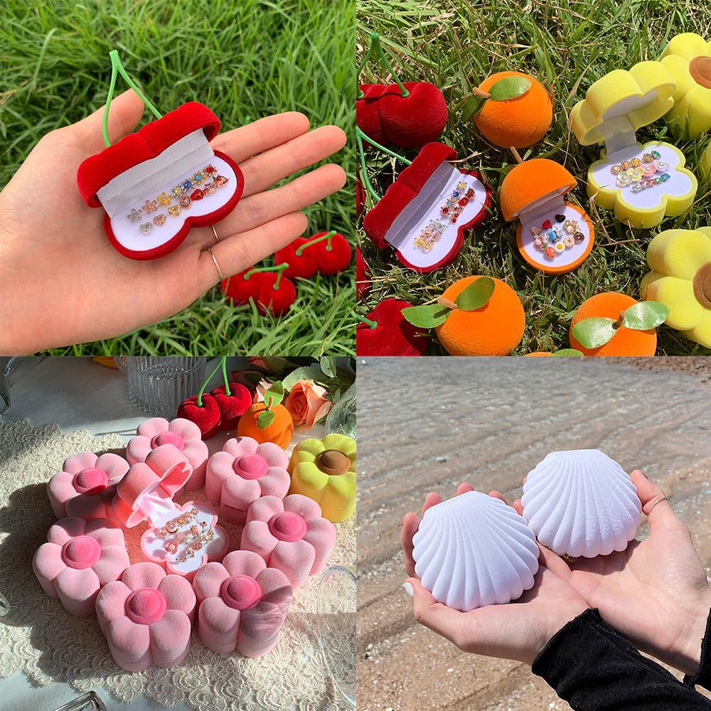 조개 분홍꽃 해바라기 추가 과일 귤 체리 해바라기 반지 피어싱 케이스 보관함