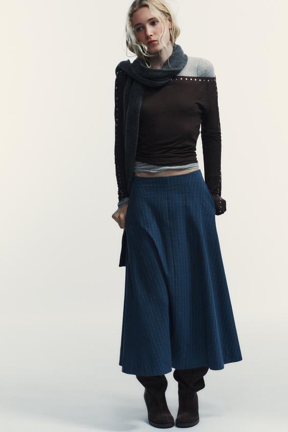 체크 플리츠 미디 스커트