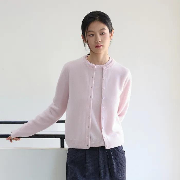 Premium 100% Pure Cashmere Round-Neck Cardigan_Powder Pink