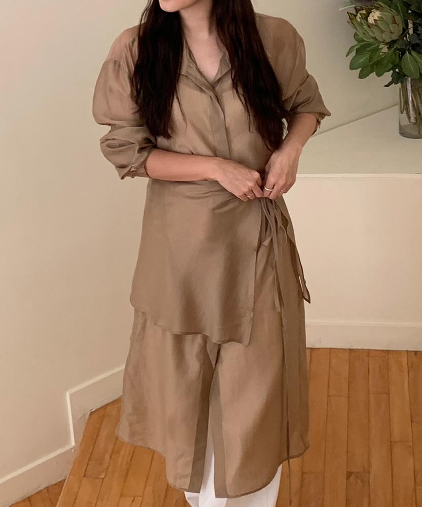 시어 레이어드 랩 원피스 스커트 블라우스 세트 아이 그레이 브라운 3color