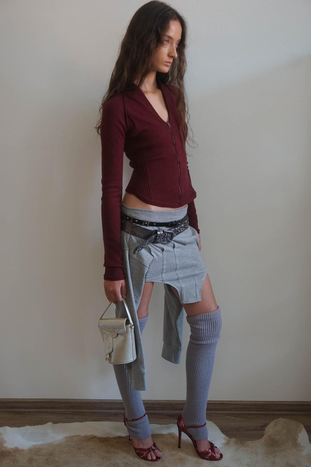 Open Collar Knit Zip-Up Deep Plum