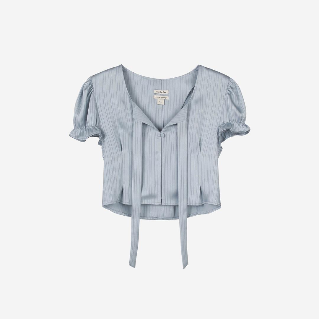Overdue Flair Stripe Jacquard Crop Blouse Pale Blue