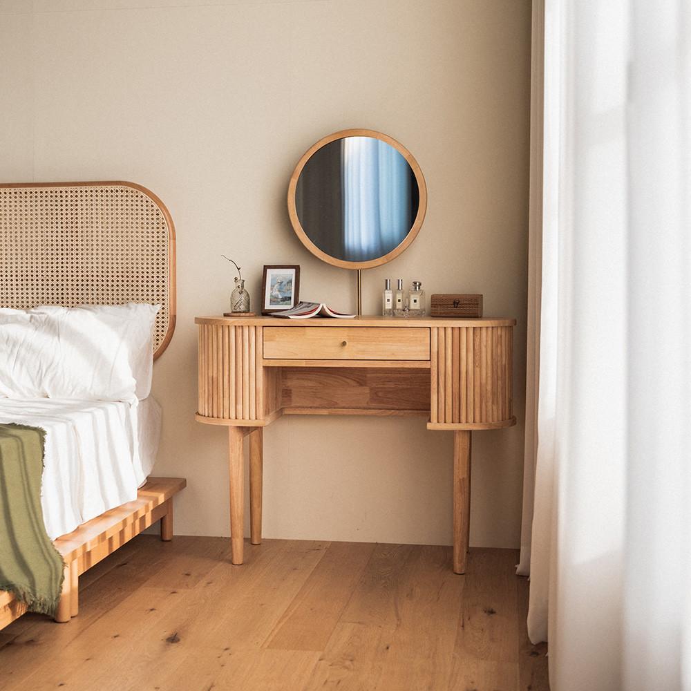 [희망일배송] 헤세 내추럴 고무나무 원목 멀티 수납 화장대 세트 거울 포함