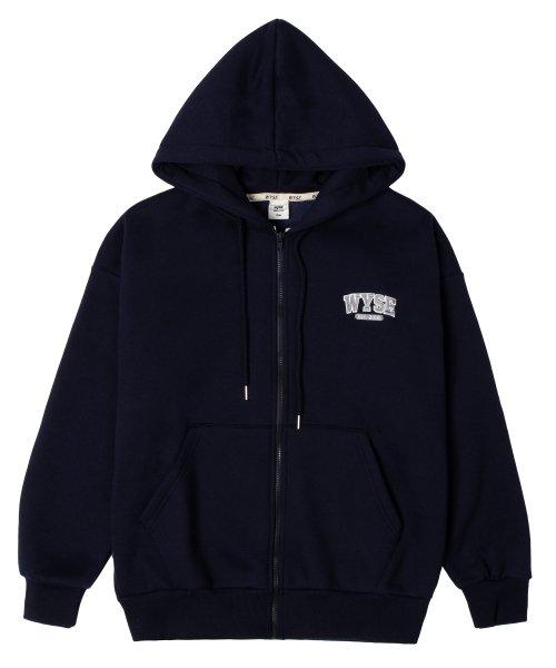 베이직 컬리지 로고 후드 집업 네이비