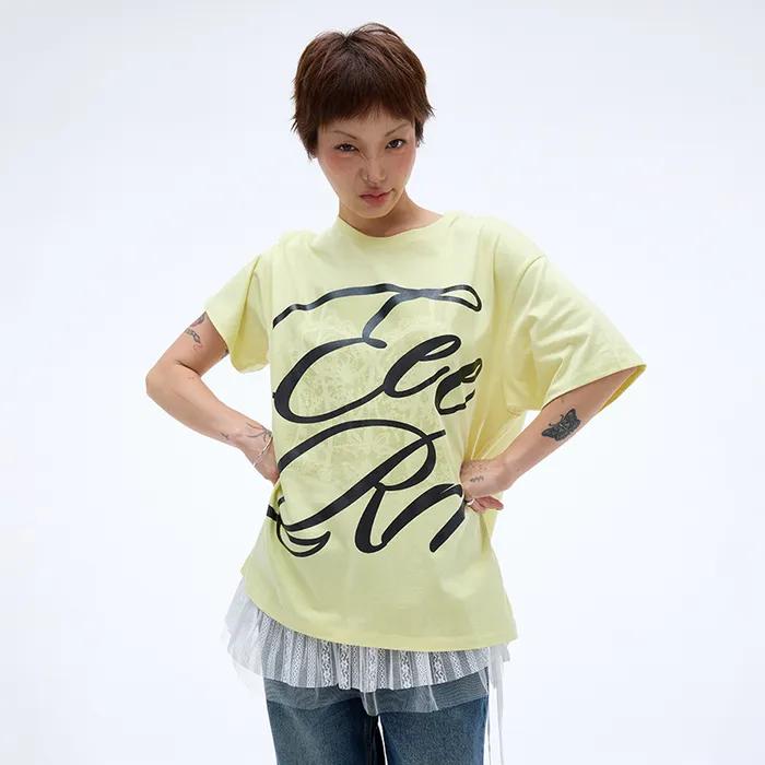 Big Pearl Logo Corset Printing T-shirt (Light Yellow)