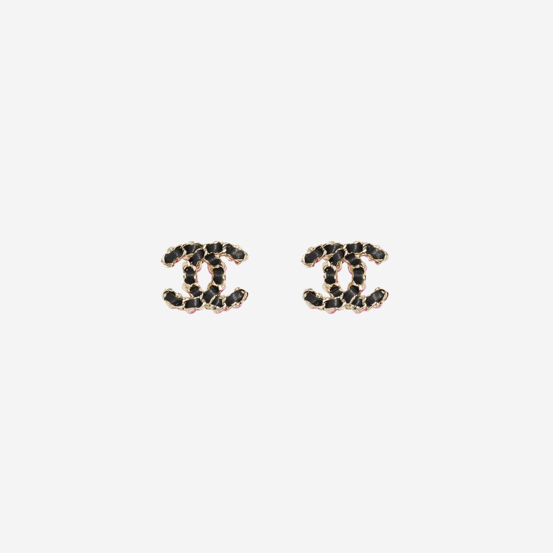 (W) Chanel Stud Earrings Metal Calfskin & Gold Black Pink